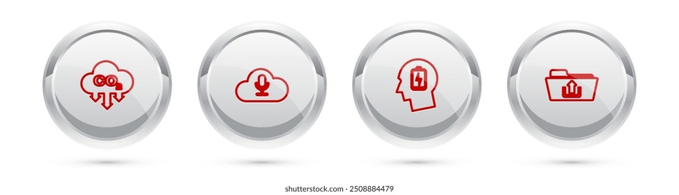 Set line CO2 emissions in cloud, Music streaming service, Head with low battery and Folder upload. Silver circle button. Vector