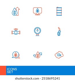 Fije las emisiones de CO2 de la línea en la nube, aumento del Precio de petróleo, gota con el símbolo del dólar, boquilla de la bomba de gasolina, válvula de tubo, indicador de gas del motor, aceite del barril e icono. Vector