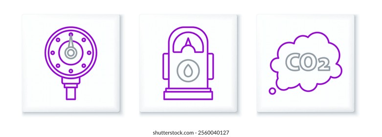 Set line CO2 emissions in cloud, Motor gas gauge and Petrol Gas station icon. Vector
