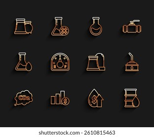 Set line CO2 emissions in cloud, Pie chart infographic and dollar, Oil gas industrial factory building, price increase, Barrel oil, Motor gauge, Canister for motor machine and  icon. Vector