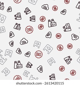 Set line CO2 emissions in cloud, Factory production, Shopping bag with recycle and Banner for bio on seamless pattern. Vector