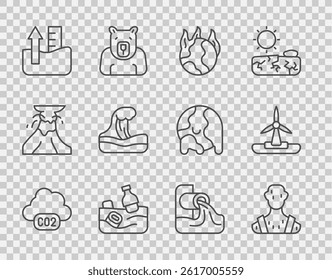 Set line CO2 emissions in cloud, High human body temperature, Global warming fire, Problem pollution of the ocean, Rise water level, Tsunami, Wastewater and Wind turbine icon. Vector