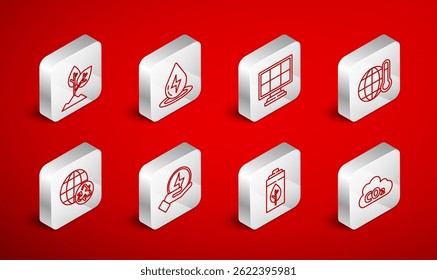 Set line CO2 emissions in cloud, Water energy, Solar panel, Global warming, Eco nature leaf and battery, Plant, Lightning bolt and Planet earth recycling icon. Vector