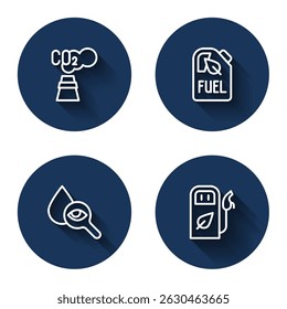Set line CO2 emissions in cloud, Bio fuel canister, Drop and magnifying glass and Petrol or gas station with long shadow. Blue circle button. Vector