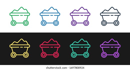 Set line Coal mine trolley icon isolated on black and white background. Factory coal mine trolley. Vector Illustration