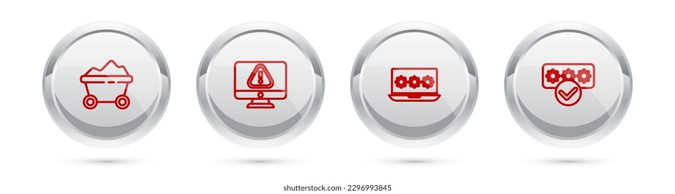 Set line Coal mine trolley, Monitor with exclamation mark, Laptop password and Password protection. Silver circle button. Vector