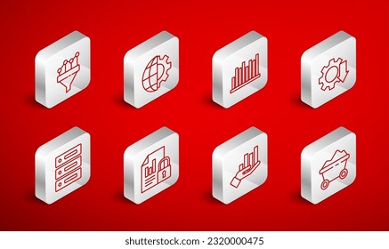 Set line Coal mine trolley, Globe of the Earth and gear, Pie chart infographic, Cost reduction, Sales funnel with, Document lock and Server, Data, Web Hosting icon. Vector