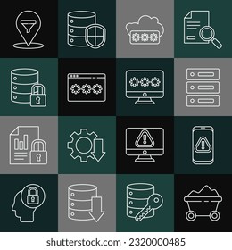Set line Coal mine trolley, Mobile with exclamation mark, Server, Data, Web Hosting, Password protection, security lock, Location sales funnel and Monitor password icon. Vector