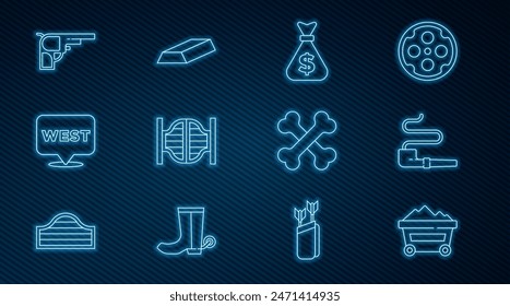 Carro de mina de carbón, pipa de fumar, bolsa de dinero, puerta de salón, puntero al oeste salvaje, pistola Revolver, huesos humanos cruzados e icono de barras de oro. Vector