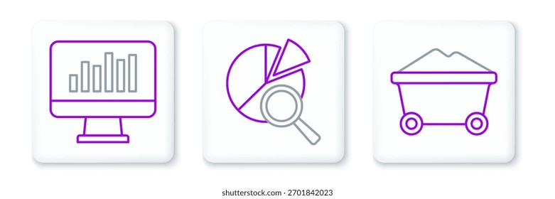 Set line Coal mine trolley, Monitor with graph chart and Search data analysis icon. Vector
