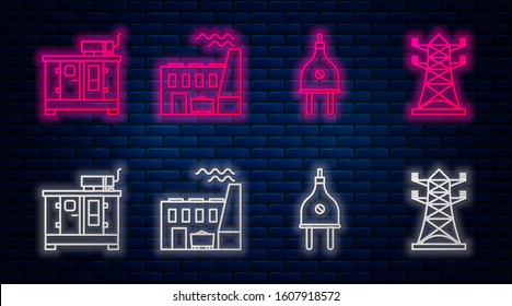 Set line Coal power plant and factory, Electric plug, Diesel power generator and High voltage power pole line. Glowing neon icon on brick wall. Vector