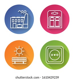 Set line Coal power plant and factory, Battery in pack, Solar energy panel and sun and Electrical outlet. Color circle button. Vector