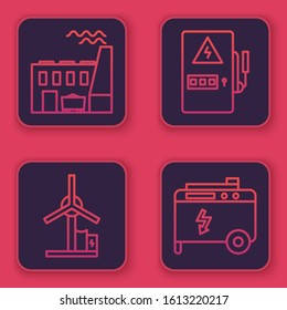 Set line Coal power plant and factory, Wind turbine, Electrical panel and Portable power electric generator. Blue square button. Vector