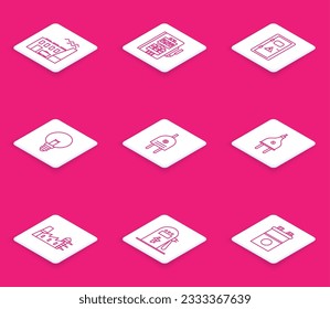 Set line Coal power plant and factory, Electrical panel, cabinet, Light bulb, plug, Power station and car charging icon. Vector