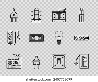 Set line Coal power plant and factory, Battery, Diesel generator, Electric plug, Electrical outlet, light switch and extension cord icon. Vector