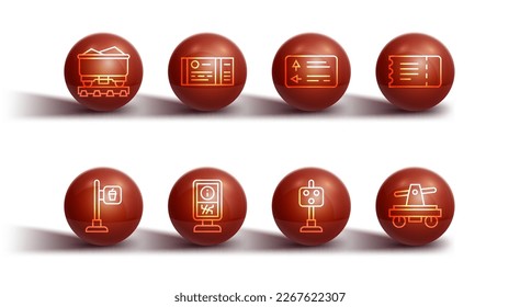 Set line Coal train wagon, Cafe and restaurant location, Train ticket, traffic light, Information stand, Draisine handcar and Road signpost icon. Vector