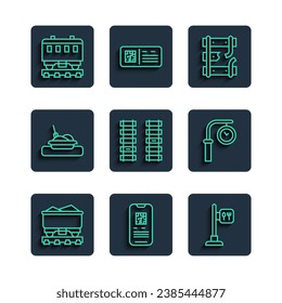 Set line Coal train wagon, E-ticket, Cafe and restaurant location, Broken rails railway, Railway, railroad track, Plate with food, Passenger cars and Train station clock icon. Vector