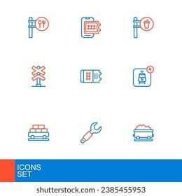Set line Coal train wagon, Wrench spanner, Cargo, Online ticket booking, Railroad crossing, Train, Cafe and restaurant location and  icon. Vector