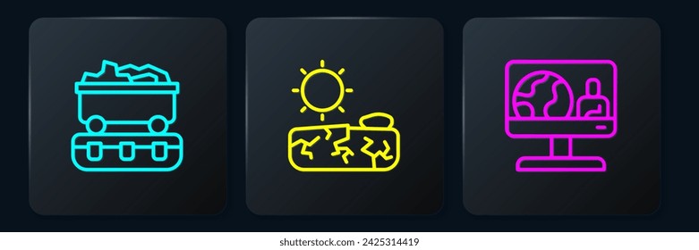 Vagón de tren de carbón, pronóstico del tiempo y sequía. Botón cuadrado negro. Vector
