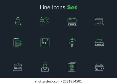 Set line Coal train wagon, Passport, Train conductor, Railway station, Cargo, Road traffic sign, map and Online ticket booking icon. Vector