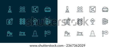 Set line Coal train wagon, Railway barrier, Railroad crossing, Traffic cone, Broken or cracked railway, map, Arrow for switching the and End of tracks icon. Vector