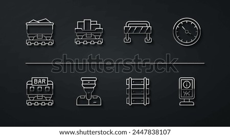Set line Coal train wagon, Restaurant, Train station clock, Railway, railroad track, conductor, Cargo, Information stand and Road barrier icon. Vector