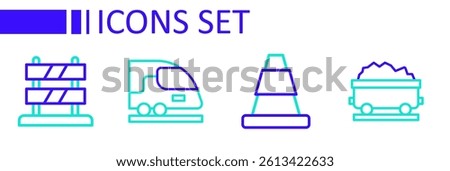 Set line Coal train wagon, Traffic cone, High-speed and End of railway tracks icon. Vector