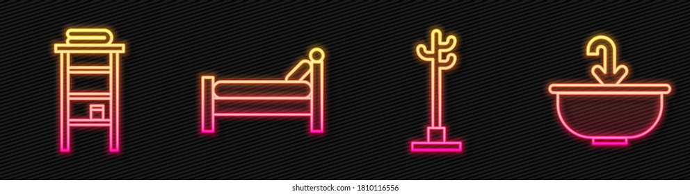 Set line Coat stand, Bathroom rack with shelves for towels, Bed and Washbasin with water tap. Glowing neon icon. Vector