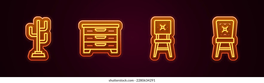 Fijar el soporte de la cola, el pecho, la silla y . Icono de neón brillante. Vector