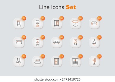 Set line Coat stand, Chest of drawers, Wardrobe, Big bed, Library bookshelf, Lamp hanging, Chair and Sofa icon. Vector