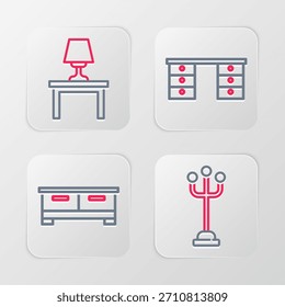 Set línea soporte de la capa, cofre de cajones, escritorio de oficina y lámpara de mesa en icono de mesa. Vector