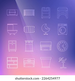 Set line Coat stand, Clock, Washer, Oven, Heating radiator, Bathtub with shower curtain, TV table and Armchair icon. Vector