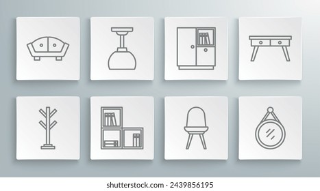 Set line Coat stand, Lamp hanging, Shelf with books, Chair, Mirror, Wardrobe, Office desk and Sofa icon. Vector