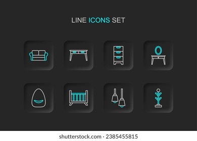 Set line Coat stand, biblioteca estante, cuna de bebé, puf, mesa de vestir, cajones, escritorio de oficina e icono de Sofá. Vector
