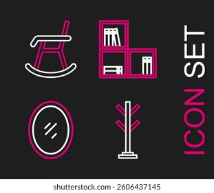 Set line Coat stand, Mirror, Shelf with books and Armchair icon. Vector