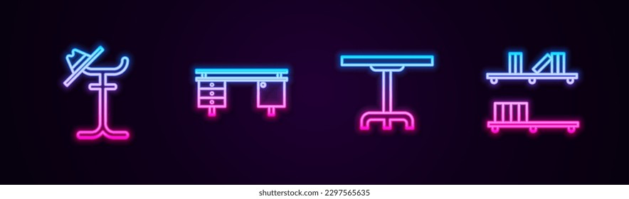 Ponga en línea el soporte de Abrigo, la oficina, la mesa redonda y el estante con libros. Icono de neón brillante. Vector