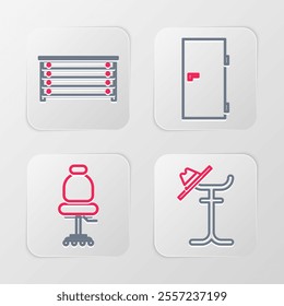 Set line Coat stand, Office chair, Closed door and Chest of drawers icon. Vector