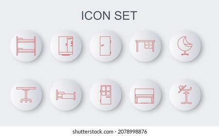 Set line Coat stand, Round table, Closed door, Grand piano, Bunk bed, Shower cabin, Bed and  icon. Vector