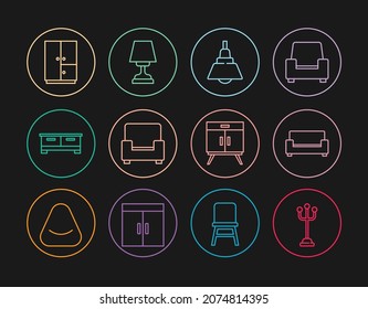 Set line Coat stand, Sofa, Chandelier, Armchair, Chest drawers, Wardrobe,  and Table lamp icon. Vector