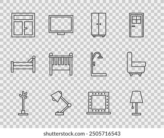 Set line Coat stand, Table lamp, Wardrobe, Window in the room, Baby crib cradle bed, Makeup mirror with lights and Armchair icon. Vector