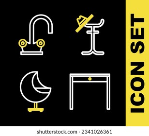 Set line Coat stand, Wooden table, Armchair and Water tap icon. Vector