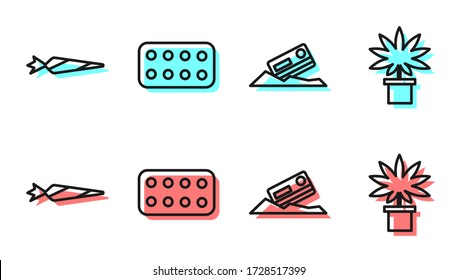 Set Line Cocaine And Credit Card, Marijuana Joint, Pills In Blister Pack And Marijuana Or Cannabis Plant In Pot Icon. Vector