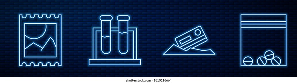 Set Line Cocaine And Credit Card, LSD Acid Mark, Test Tube And Flask And Plastic Bag Of Drug. Glowing Neon Icon On Brick Wall. Vector