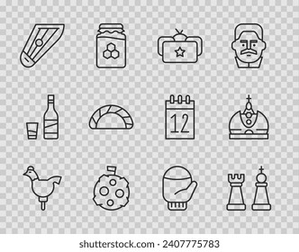 Set line Cockerel lollipop, Chess, Ushanka, Moon with flag, Kankles, Dumpling, Christmas mitten and King crown icon. Vector