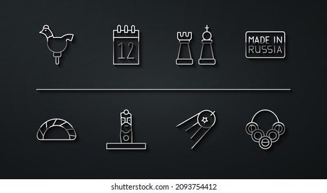 Set line Cockerel lollipop, Dumpling, Made Russia, Satellite, Slavic pagan idol, Calendar 12 june, Russian bagels and Chess icon. Vector
