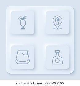 Set line Cocktail, Alcohol or beer bar location, Glass of whiskey and Tequila bottle. White square button. Vector