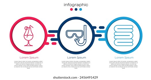 Set line Cocktail and alcohol drink, Diving mask and snorkel and Towel stack. Business infographic template. Vector