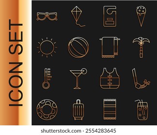 Set line Cocktail and alcohol drink, Snorkel, Tropical palm tree, Please do not disturb, Beach ball, Sun, Glasses and Towel on hanger icon. Vector