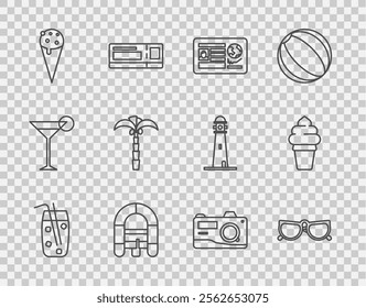 Set line Cocktail and alcohol drink, Glasses, Passport with visa stamp, Rafting boat, Ice cream waffle cone, Tropical palm tree, Photo camera and  icon. Vector