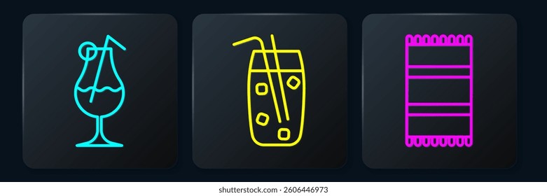 Set line Cocktail and alcohol drink, Beach towel and Cocktail and alcohol drink. Black square button. Vector